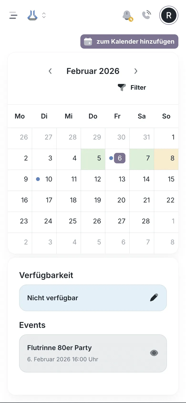 Persönlicher Kalender mit Verfügbarkeiten und Events