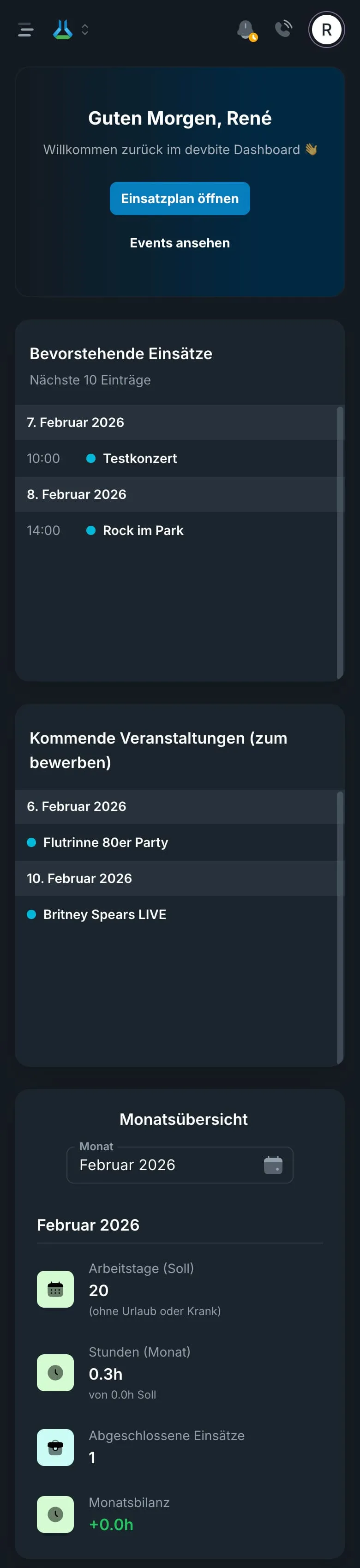 Startseite der Shifty Mitarbeiter-App mit anstehenden Diensten